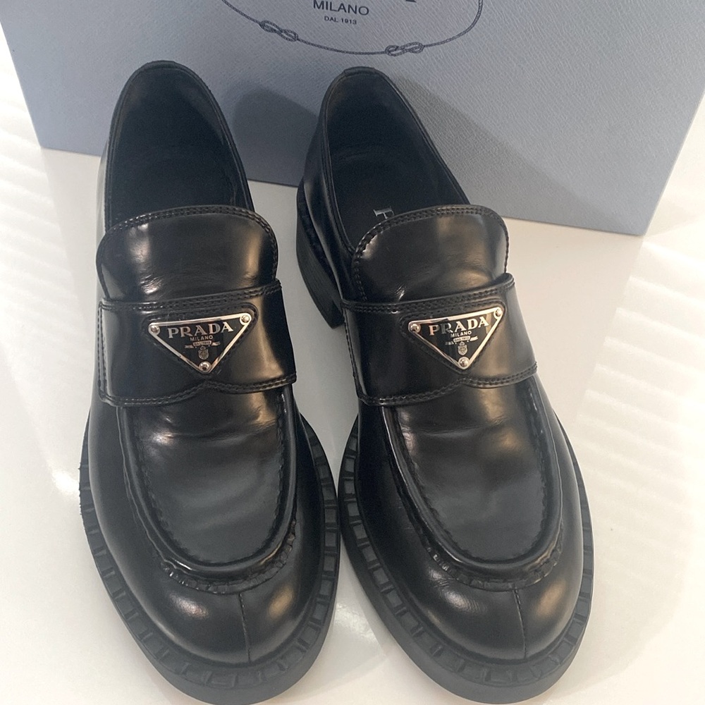 Prada Chocolate Brushed Leather Loafers Black Size 37.5